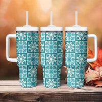 Cyan Palaka Quilt Hawaii Tumbler With Handle Hawaiian Tropical Monstera Sea Turtle LT14 - Polynesian Pride