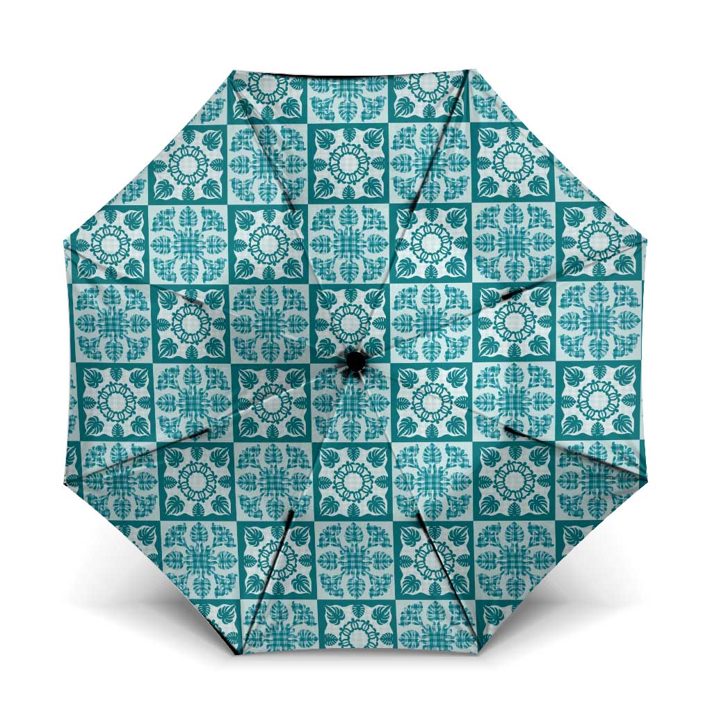 Cyan Palaka Quilt Hawaii Umbrella Hawaiian Tropical Monstera Sea Turtle LT14 One Size Folded 11.42 inch Opened Diameter 37.4 inch Cyan - Polynesian Pride