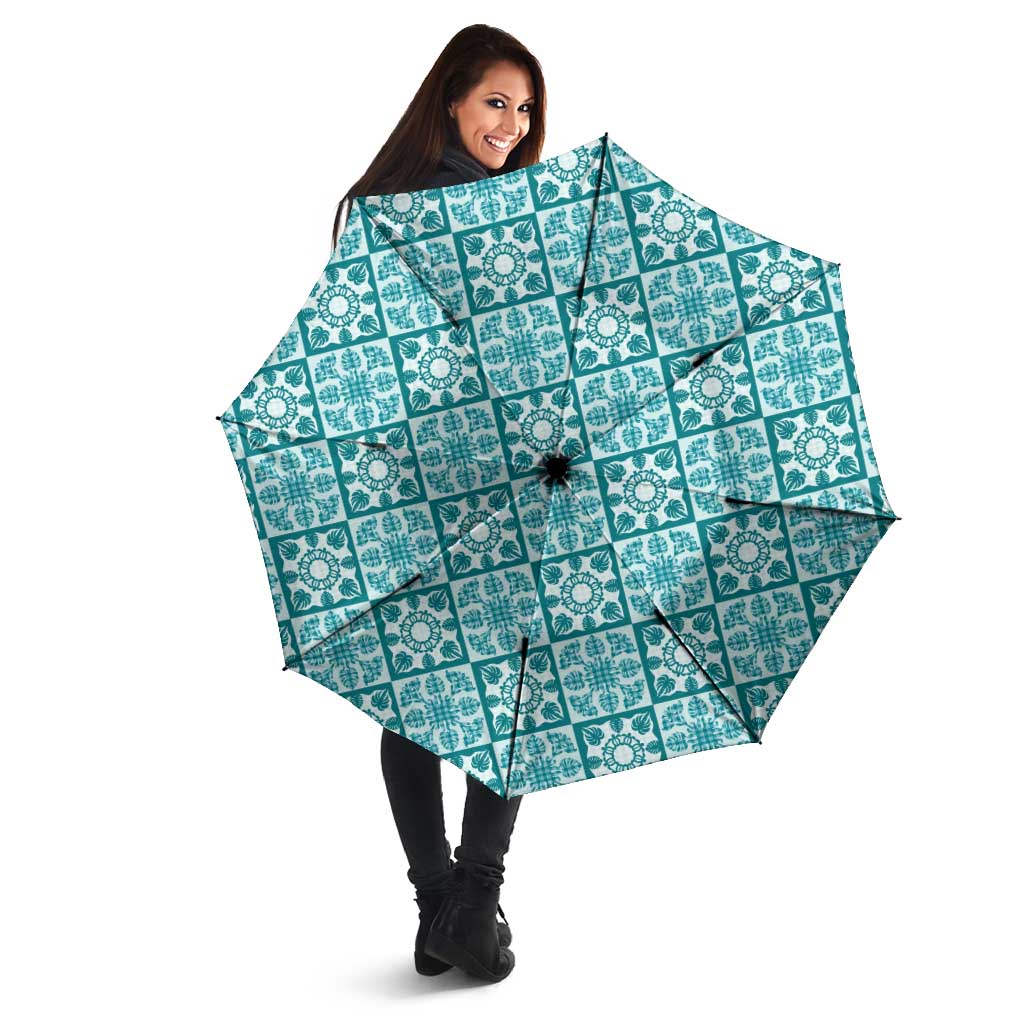 Cyan Palaka Quilt Hawaii Umbrella Hawaiian Tropical Monstera Sea Turtle LT14 - Polynesian Pride