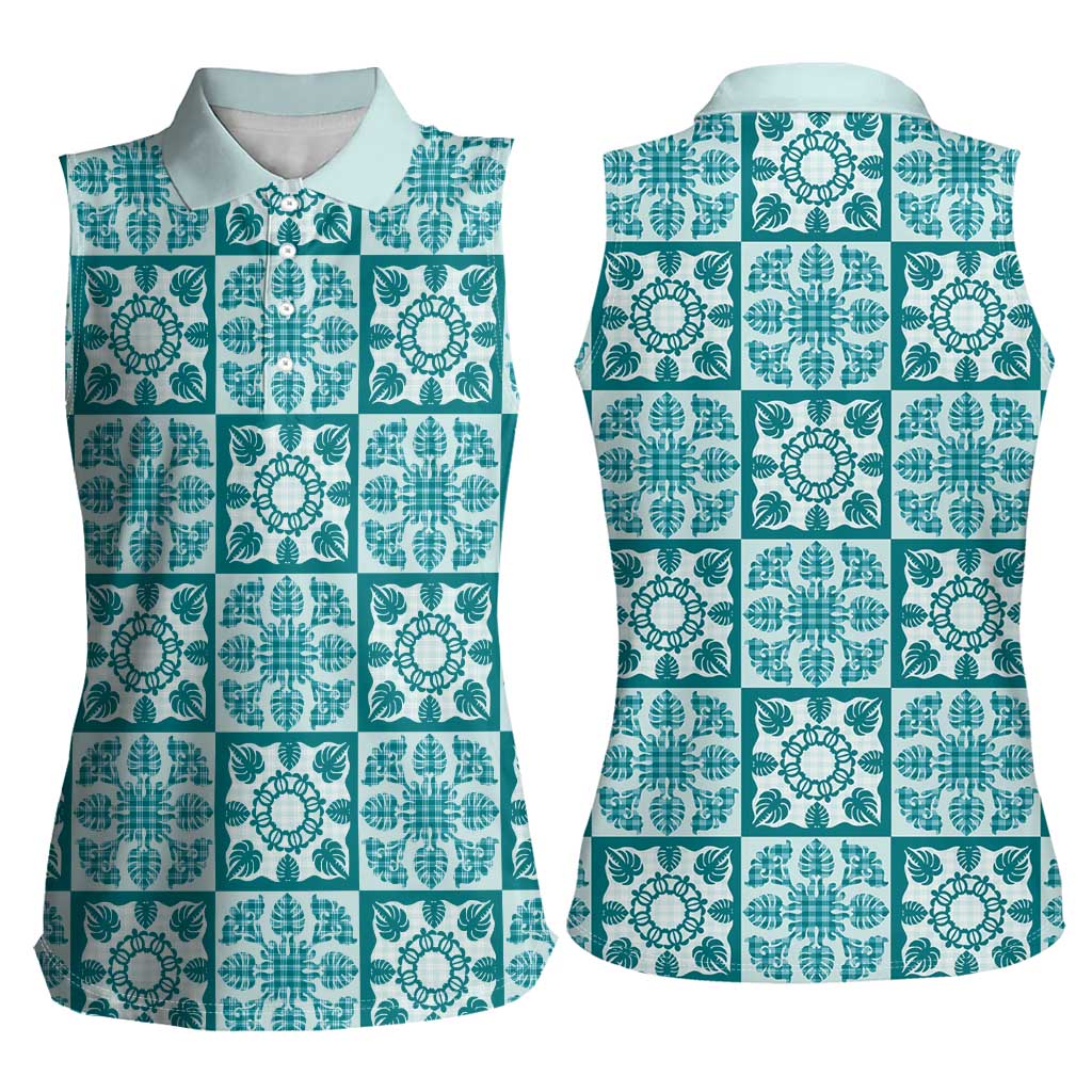 Cyan Palaka Quilt Hawaii Women Sleeveless Polo Shirt Hawaiian Tropical Monstera Sea Turtle