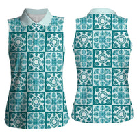 Cyan Palaka Quilt Hawaii Women Sleeveless Polo Shirt Hawaiian Tropical Monstera Sea Turtle