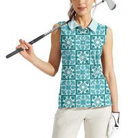 Cyan Palaka Quilt Hawaii Women Sleeveless Polo Shirt Hawaiian Tropical Monstera Sea Turtle