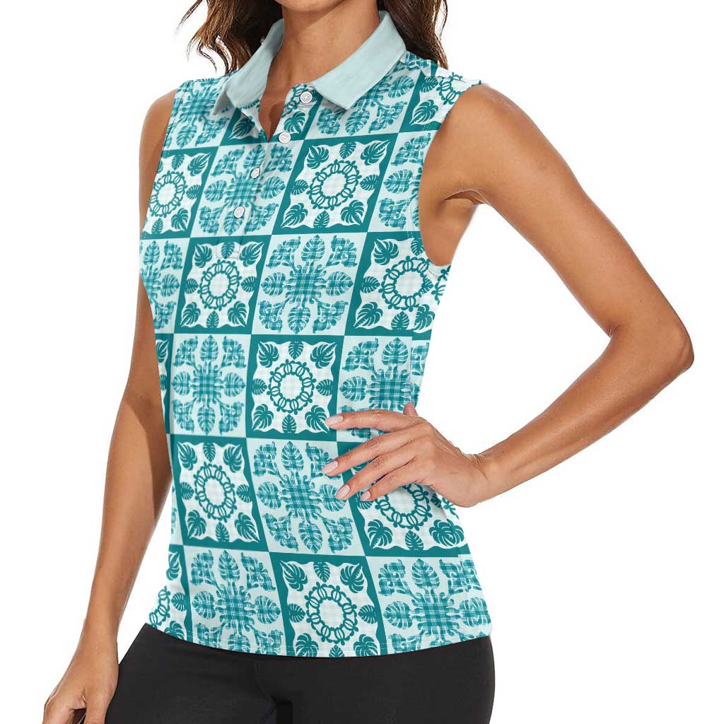 Cyan Palaka Quilt Hawaii Women Sleeveless Polo Shirt Hawaiian Tropical Monstera Sea Turtle