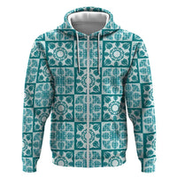Cyan Palaka Quilt Hawaii Zip Hoodie Hawaiian Tropical Monstera Sea Turtle LT14 Zip Hoodie Cyan - Polynesian Pride