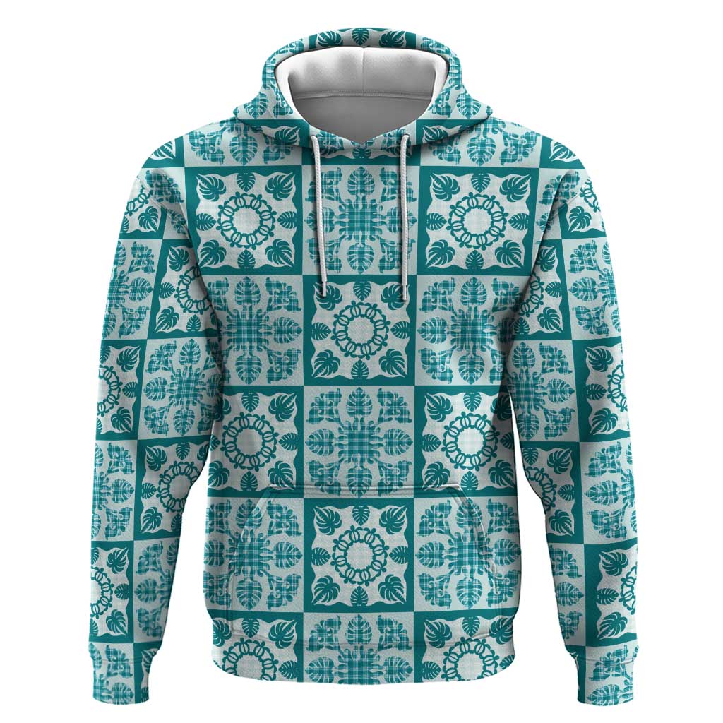 Cyan Palaka Quilt Hawaii Zip Hoodie Hawaiian Tropical Monstera Sea Turtle LT14 Pullover Hoodie Cyan - Polynesian Pride
