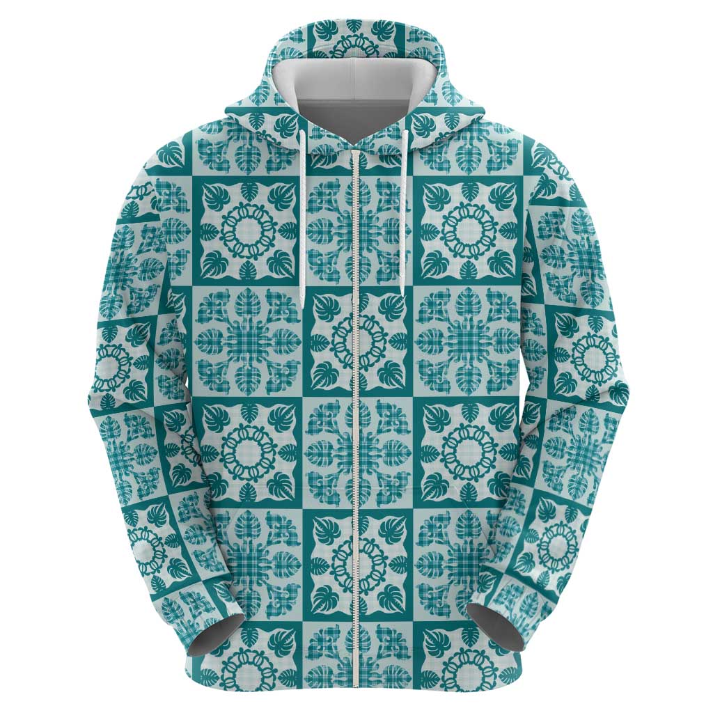 Cyan Palaka Quilt Hawaii Zip Hoodie Hawaiian Tropical Monstera Sea Turtle LT14 - Polynesian Pride