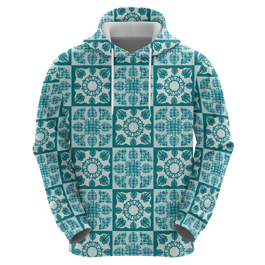 Cyan Palaka Quilt Hawaii Zip Hoodie Hawaiian Tropical Monstera Sea Turtle LT14 - Polynesian Pride