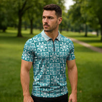 Cyan Palaka Quilt Hawaii Zipper Polo Shirt Hawaiian Tropical Monstera Sea Turtle LT14 - Polynesian Pride