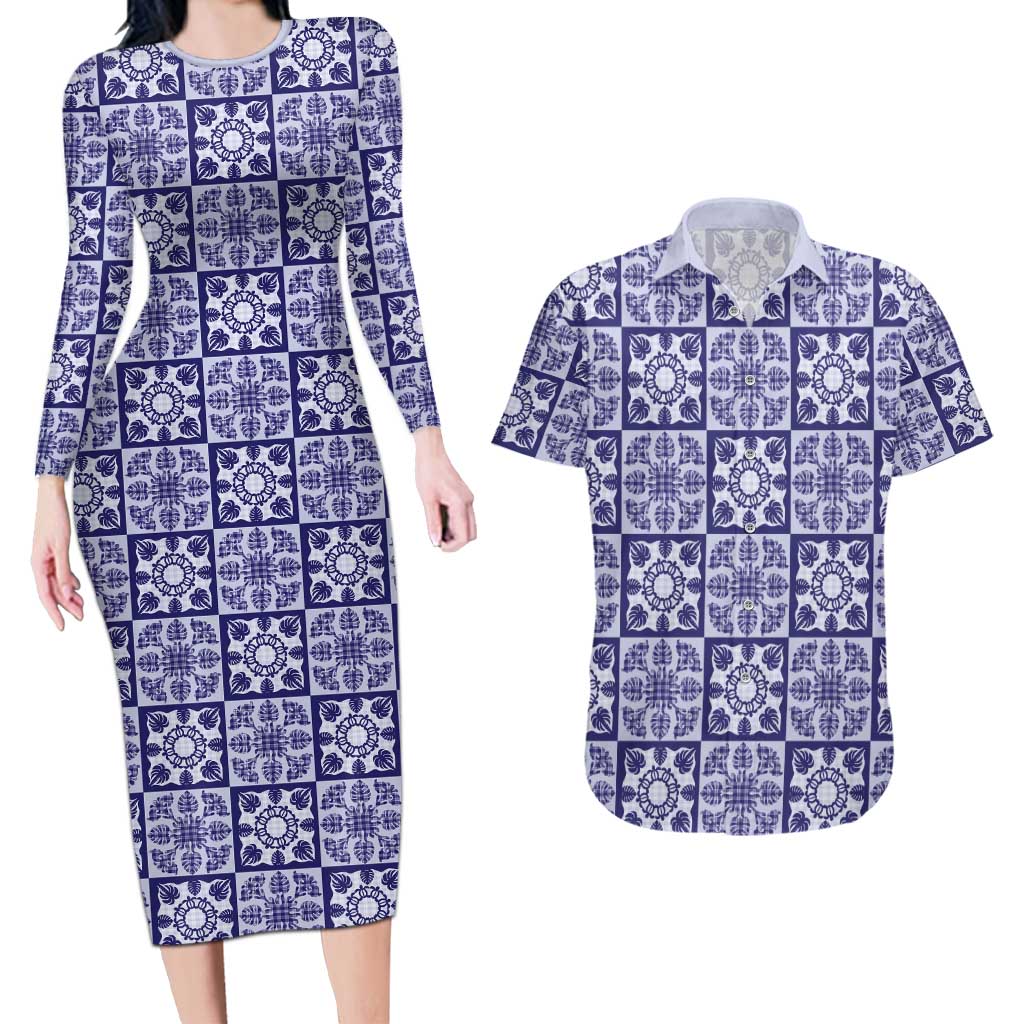 Polu Palaka Quilt Hawaii Couples Matching Long Sleeve Bodycon Dress and Hawaiian Shirt Hawaiian Tropical Monstera Sea Turtle