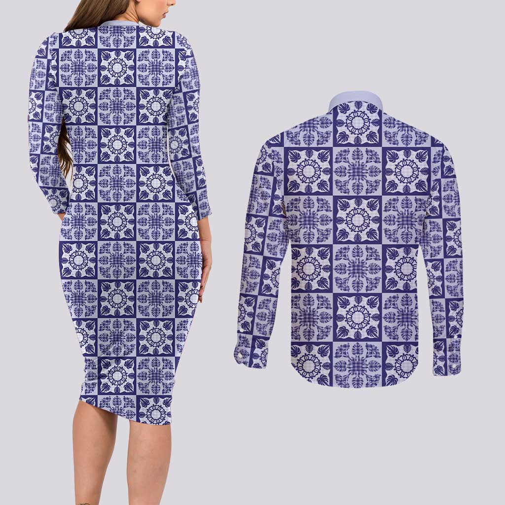 Polu Palaka Quilt Hawaii Couples Matching Long Sleeve Bodycon Dress and Long Sleeve Button Shirt Hawaiian Tropical Monstera Sea Turtle