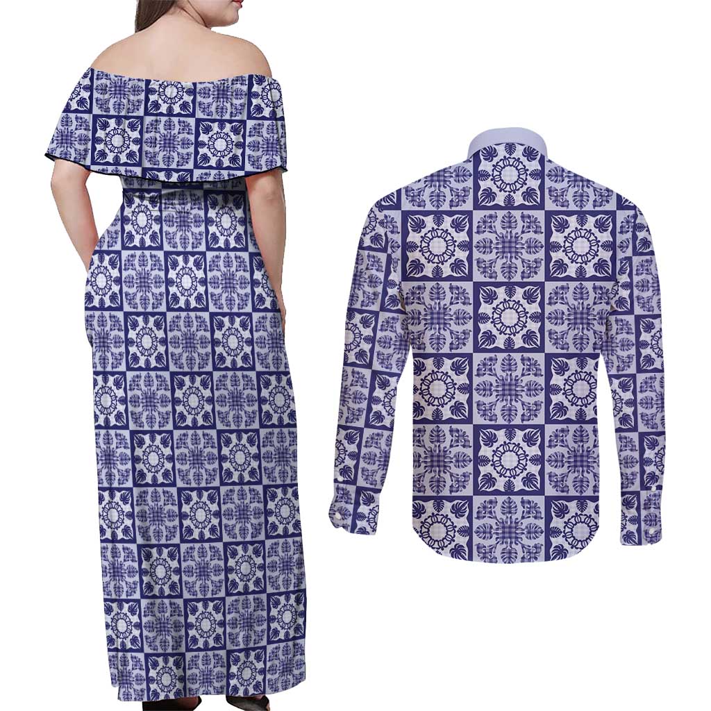 Polu Palaka Quilt Hawaii Couples Matching Off Shoulder Maxi Dress and Long Sleeve Button Shirt Hawaiian Tropical Monstera Sea Turtle