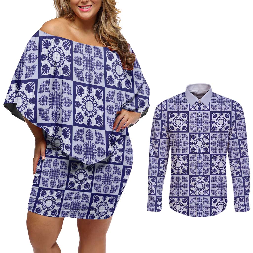 Polu Palaka Quilt Hawaii Couples Matching Off Shoulder Short Dress and Long Sleeve Button Shirt Hawaiian Tropical Monstera Sea Turtle LT14 Blue - Polynesian Pride