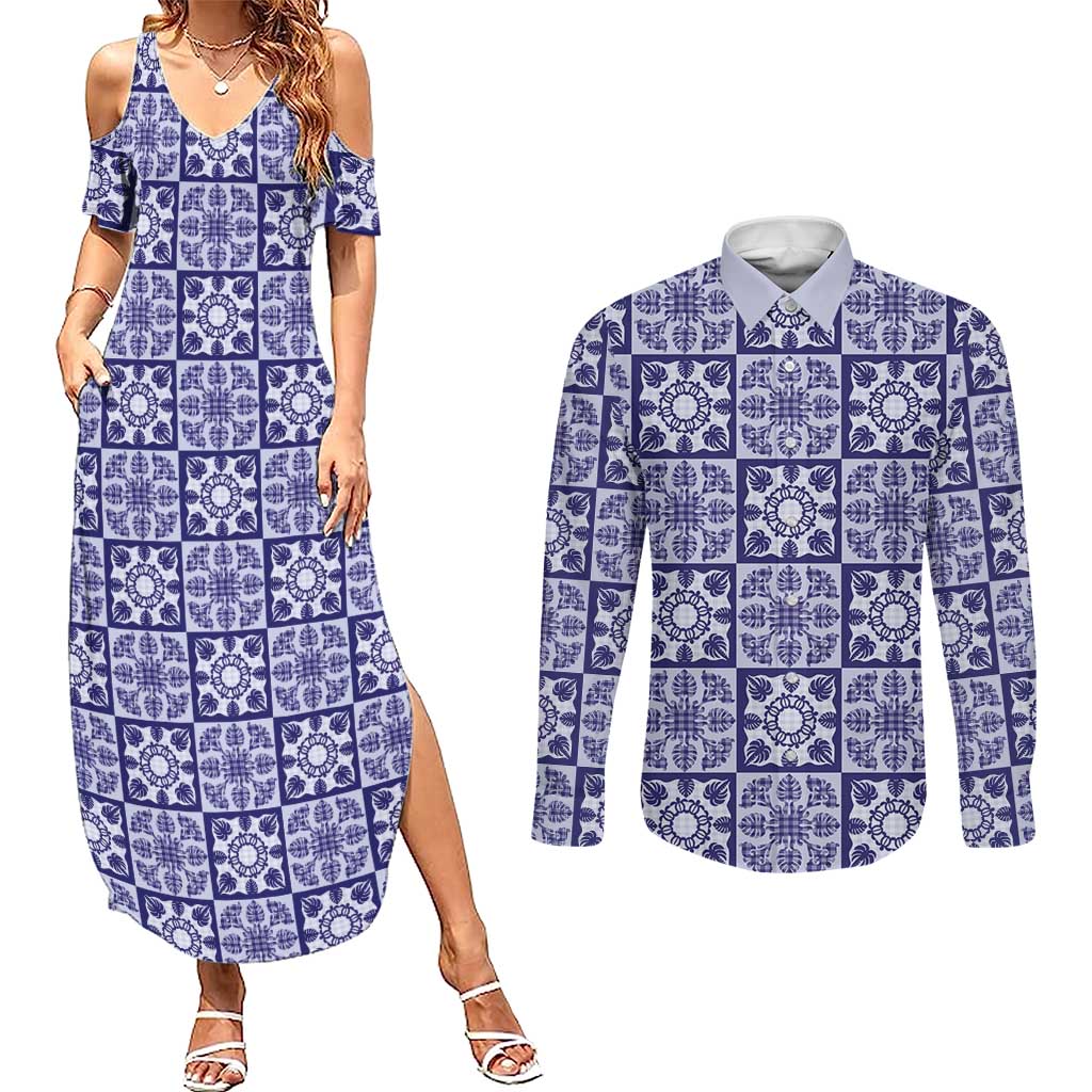 Polu Palaka Quilt Hawaii Couples Matching Summer Maxi Dress and Long Sleeve Button Shirt Hawaiian Tropical Monstera Sea Turtle LT14 Blue - Polynesian Pride