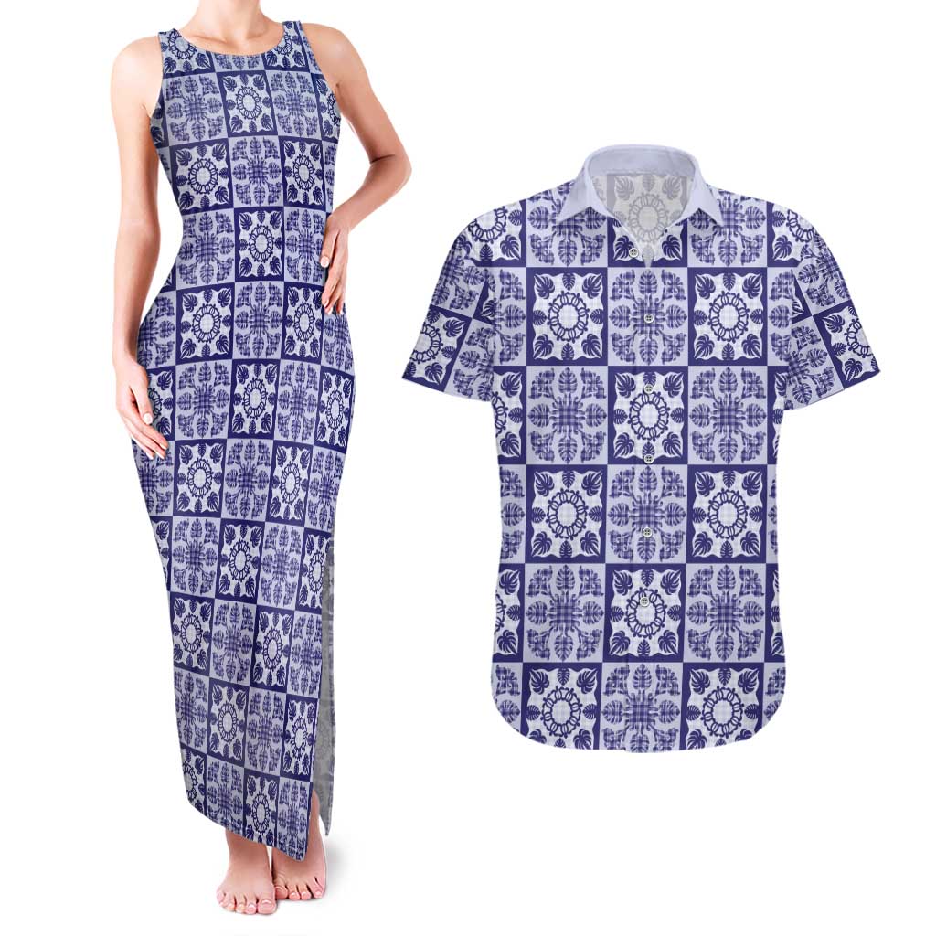 Polu Palaka Quilt Hawaii Couples Matching Tank Maxi Dress and Hawaiian Shirt Hawaiian Tropical Monstera Sea Turtle LT14 Blue - Polynesian Pride