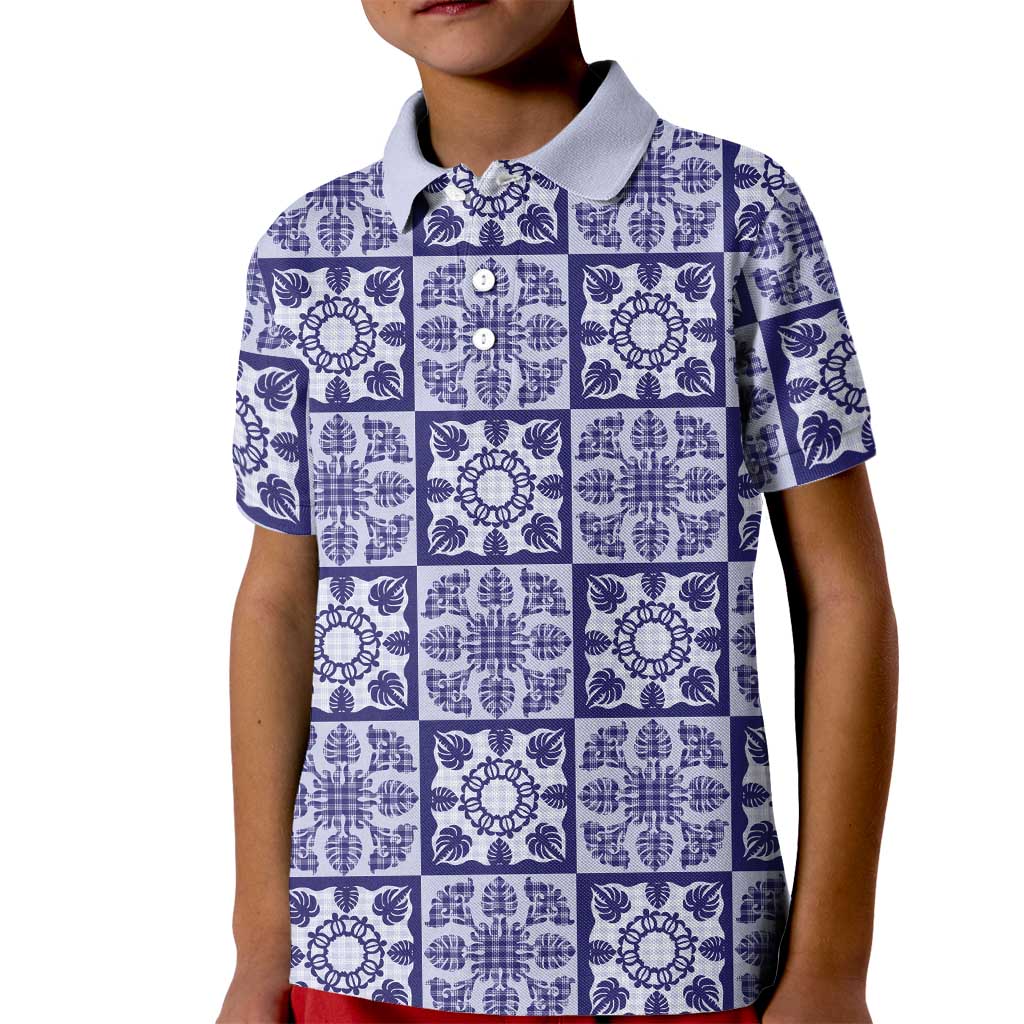 Polu Palaka Quilt Hawaii Kid Polo Shirt Hawaiian Tropical Monstera Sea Turtle LT14 Kid Blue - Polynesian Pride