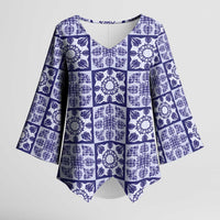 Polu Palaka Quilt Hawaii Kimono Sleeve Blouse Hawaiian Tropical Monstera Sea Turtle LT14 Female Blue - Polynesian Pride