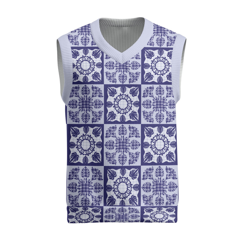 Polu Palaka Quilt Hawaii Christmas Knitted V-Neck Vest Hawaiian Tropical Monstera Sea Turtle LT14 Blue - Polynesian Pride