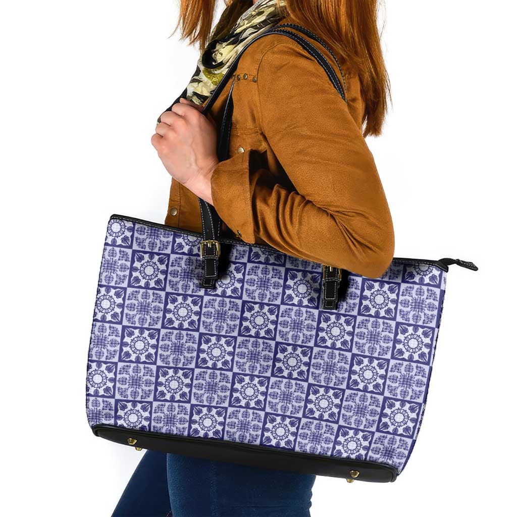 Polu Palaka Quilt Hawaii Leather Tote Bag Hawaiian Tropical Monstera Sea Turtle LT14 Blue - Polynesian Pride