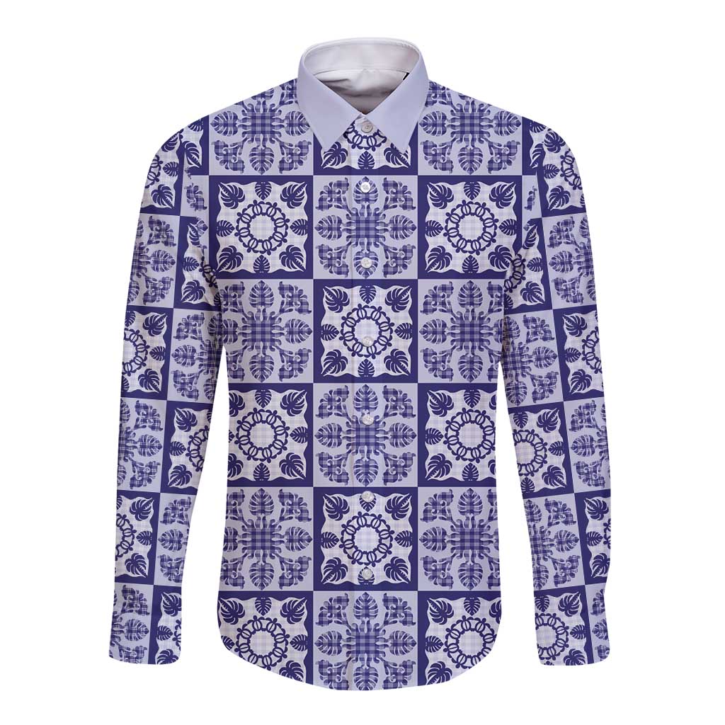 Polu Palaka Quilt Hawaii Long Sleeve Button Shirt Hawaiian Tropical Monstera Sea Turtle LT14 Unisex Blue - Polynesian Pride