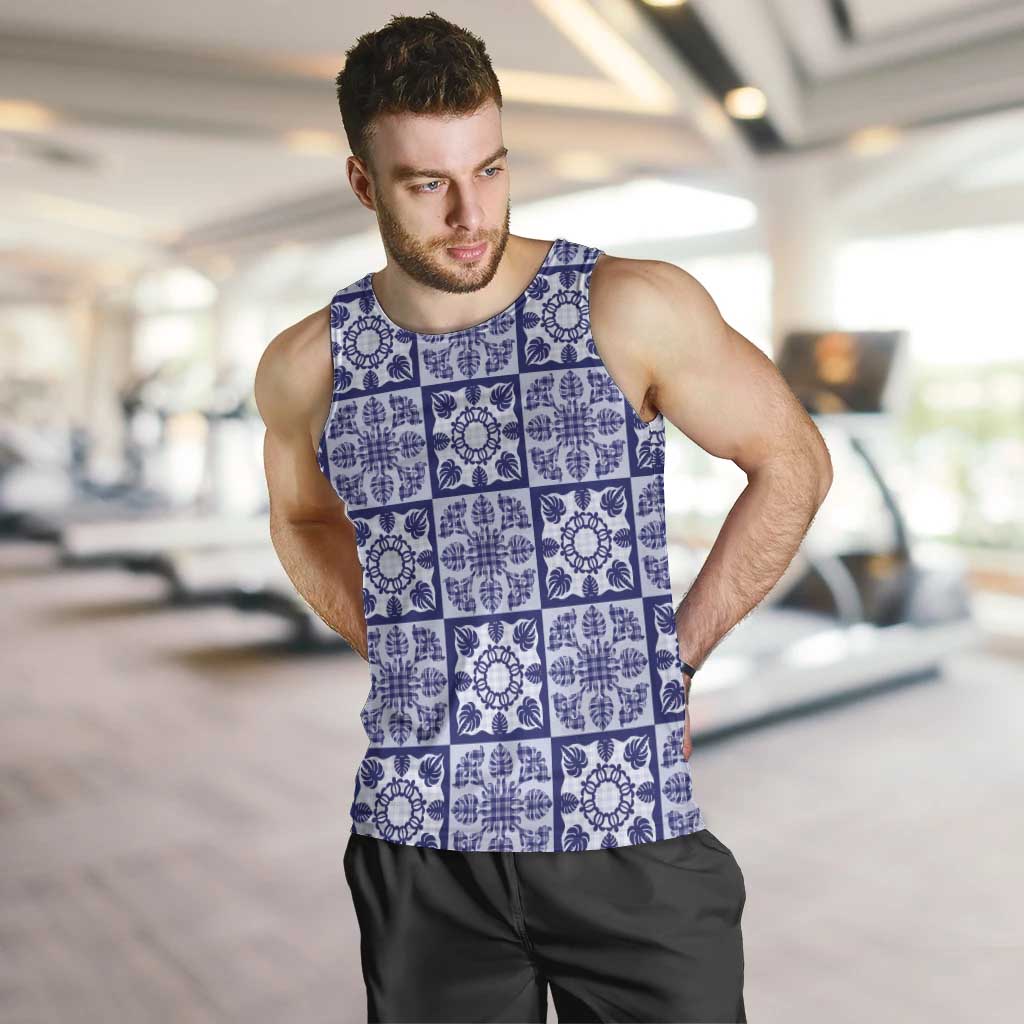 Polu Palaka Quilt Hawaii Men Tank Top Hawaiian Tropical Monstera Sea Turtle LT14 Blue - Polynesian Pride