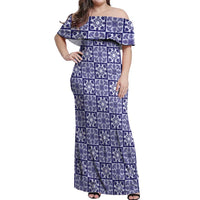 Polu Palaka Quilt Hawaii Off Shoulder Maxi Dress Hawaiian Tropical Monstera Sea Turtle LT14 Women Blue - Polynesian Pride