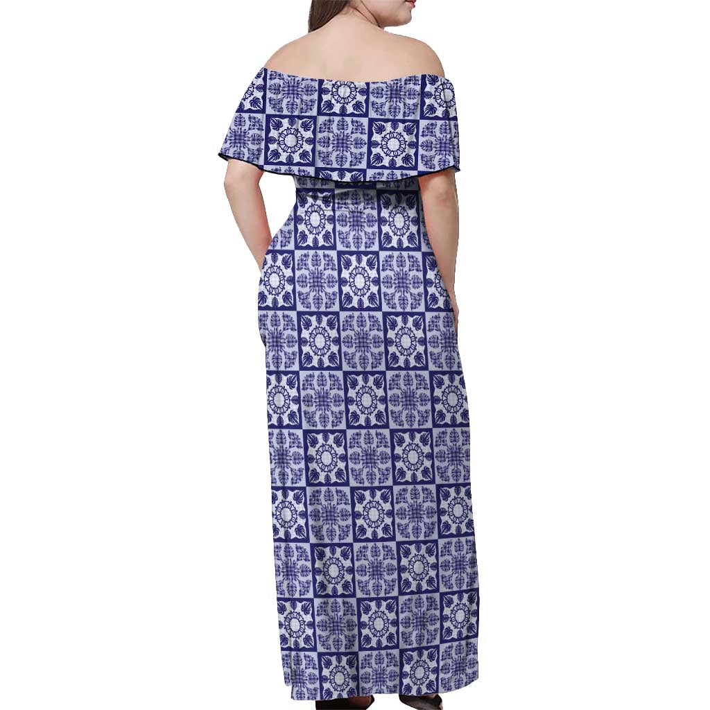 Polu Palaka Quilt Hawaii Off Shoulder Maxi Dress Hawaiian Tropical Monstera Sea Turtle LT14 - Polynesian Pride