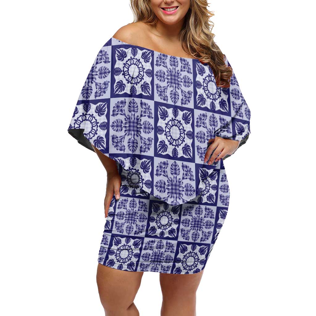Polu Palaka Quilt Hawaii Off Shoulder Short Dress Hawaiian Tropical Monstera Sea Turtle LT14 Women Blue - Polynesian Pride