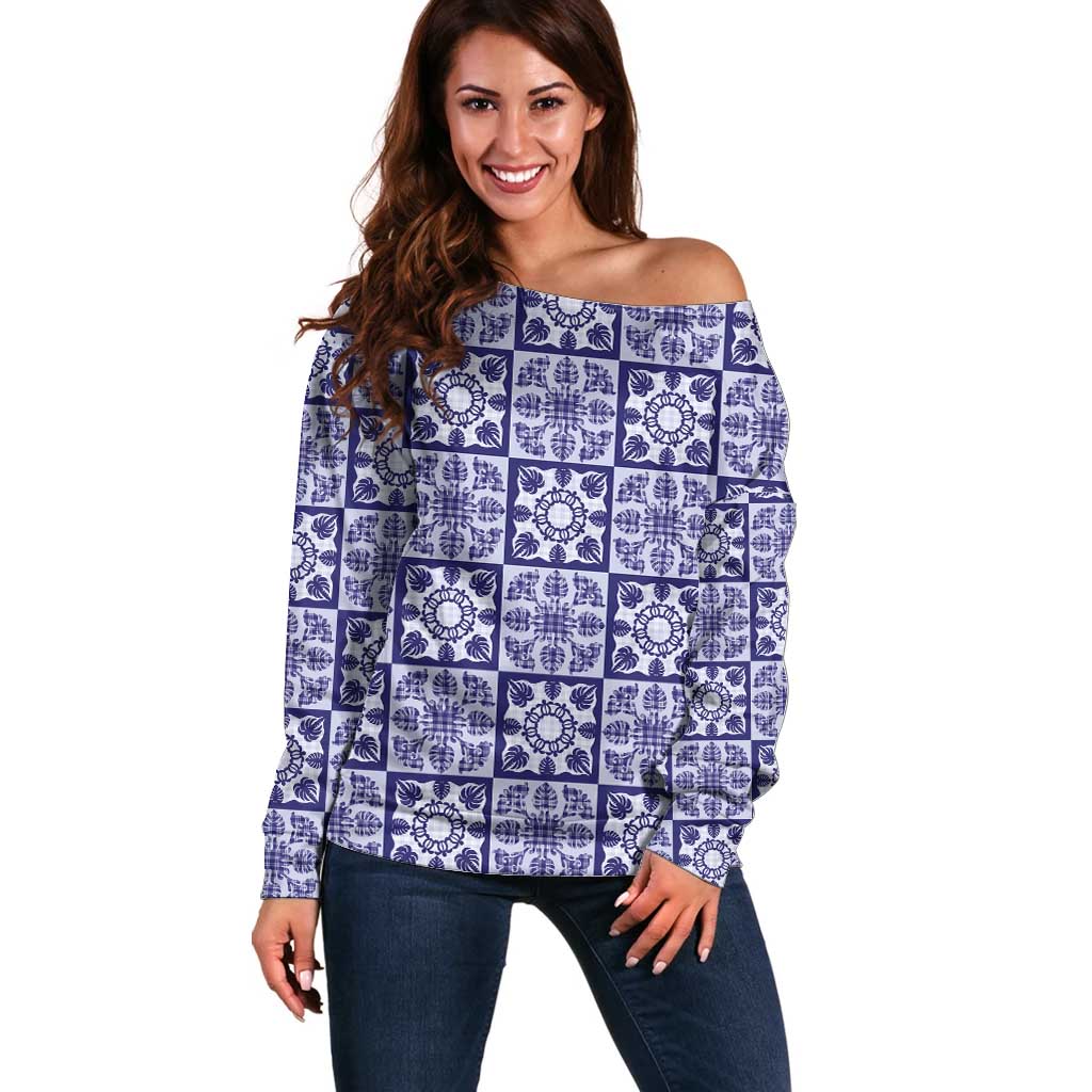 Polu Palaka Quilt Hawaii Off Shoulder Sweater Hawaiian Tropical Monstera Sea Turtle LT14 Women Blue - Polynesian Pride