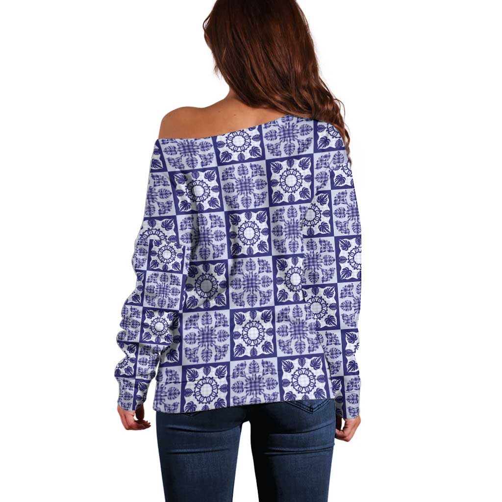 Polu Palaka Quilt Hawaii Off Shoulder Sweater Hawaiian Tropical Monstera Sea Turtle LT14 - Polynesian Pride