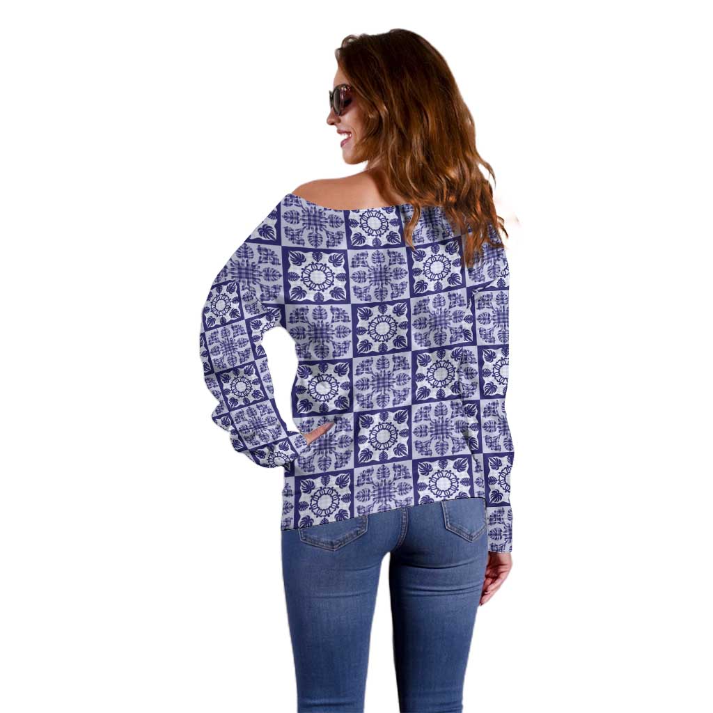 Polu Palaka Quilt Hawaii Off Shoulder Sweater Hawaiian Tropical Monstera Sea Turtle LT14 - Polynesian Pride