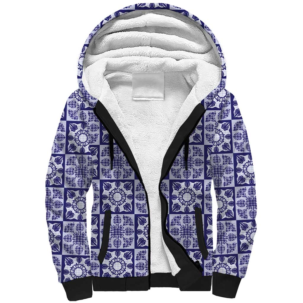 Polu Palaka Quilt Hawaii Sherpa Hoodie Hawaiian Tropical Monstera Sea Turtle LT14 Unisex Blue - Polynesian Pride
