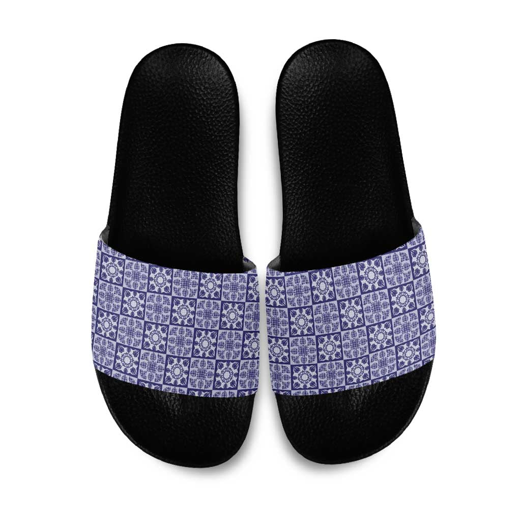Polu Palaka Quilt Hawaii Slide Sandals Hawaiian Tropical Monstera Sea Turtle LT14 Blue - Polynesian Pride