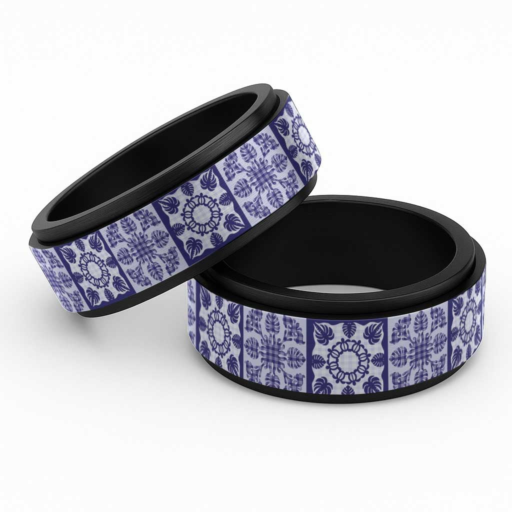 Polu Palaka Quilt Hawaii Spinner Ring Hawaiian Tropical Monstera Sea Turtle LT14 Black Blue - Polynesian Pride