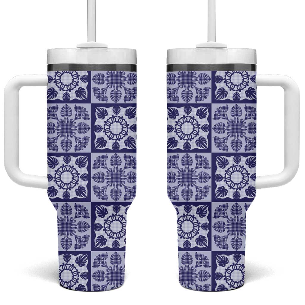 Polu Palaka Quilt Hawaii Tumbler With Handle Hawaiian Tropical Monstera Sea Turtle LT14 One Size: 40 oz Blue - Polynesian Pride