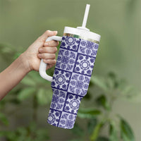Polu Palaka Quilt Hawaii Tumbler With Handle Hawaiian Tropical Monstera Sea Turtle LT14 - Polynesian Pride