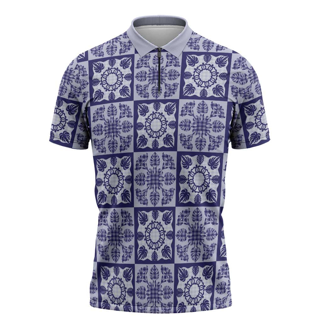 Polu Palaka Quilt Hawaii Zipper Polo Shirt Hawaiian Tropical Monstera Sea Turtle LT14 Blue - Polynesian Pride