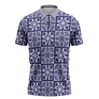 Polu Palaka Quilt Hawaii Zipper Polo Shirt Hawaiian Tropical Monstera Sea Turtle LT14 Blue - Polynesian Pride