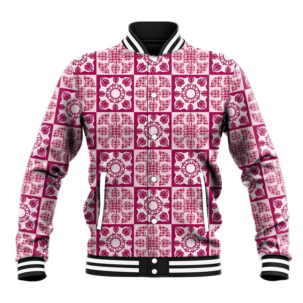 Akala Palaka Quilt Hawaii Baseball Jacket Hawaiian Tropical Monstera Sea Turtle LT14 Unisex Pink - Polynesian Pride