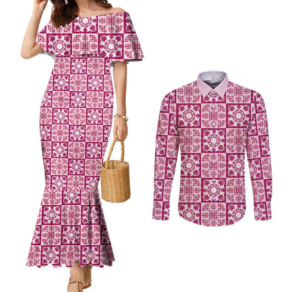 Akala Palaka Quilt Hawaii Couples Matching Mermaid Dress and Long Sleeve Button Shirt Hawaiian Tropical Monstera Sea Turtle