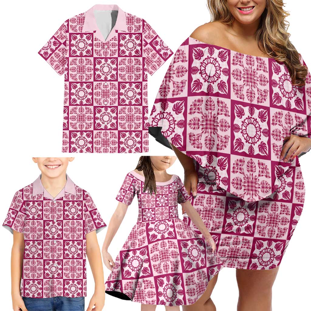Akala Palaka Quilt Hawaii Family Matching Off Shoulder Short Dress and Hawaiian Shirt Hawaiian Tropical Monstera Sea Turtle