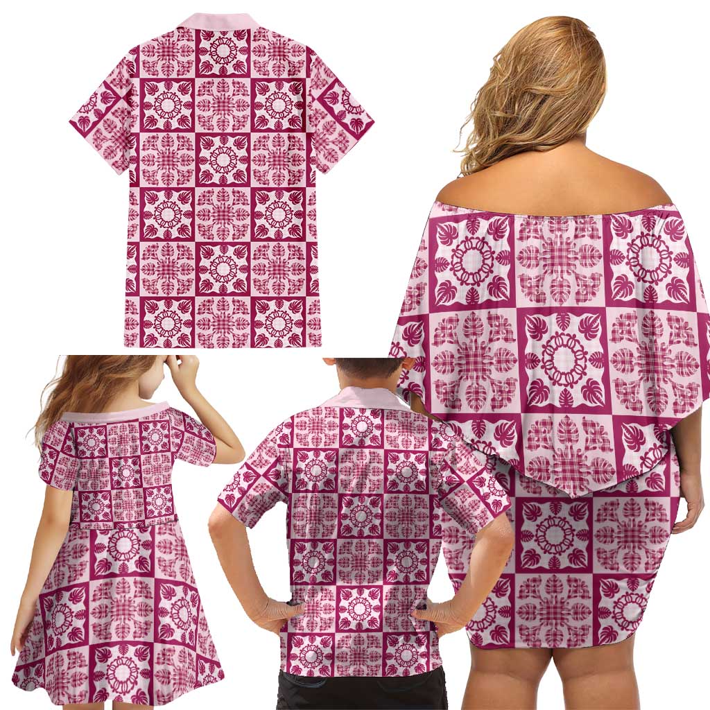 Akala Palaka Quilt Hawaii Family Matching Off Shoulder Short Dress and Hawaiian Shirt Hawaiian Tropical Monstera Sea Turtle