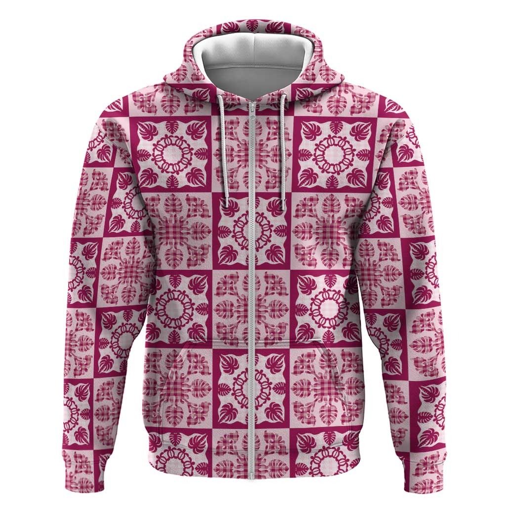 Akala Palaka Quilt Hawaii Hoodie Hawaiian Tropical Monstera Sea Turtle LT14 Zip Hoodie Pink - Polynesian Pride