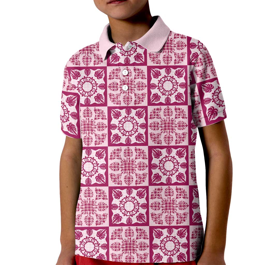 Akala Palaka Quilt Hawaii Kid Polo Shirt Hawaiian Tropical Monstera Sea Turtle LT14 Kid Pink - Polynesian Pride