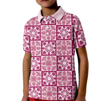 Akala Palaka Quilt Hawaii Kid Polo Shirt Hawaiian Tropical Monstera Sea Turtle LT14 Kid Pink - Polynesian Pride