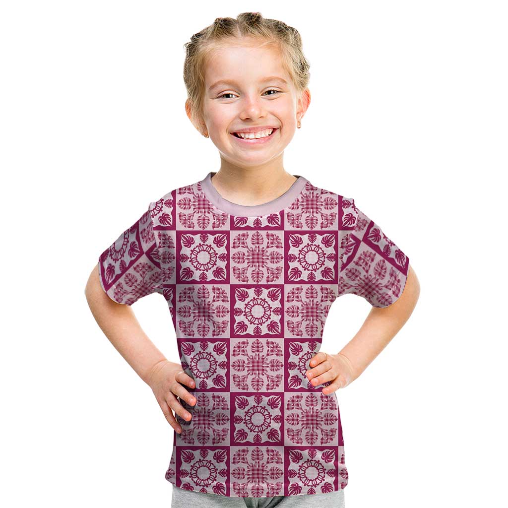 Akala Palaka Quilt Hawaii Kid T Shirt Hawaiian Tropical Monstera Sea Turtle LT14 Pink - Polynesian Pride