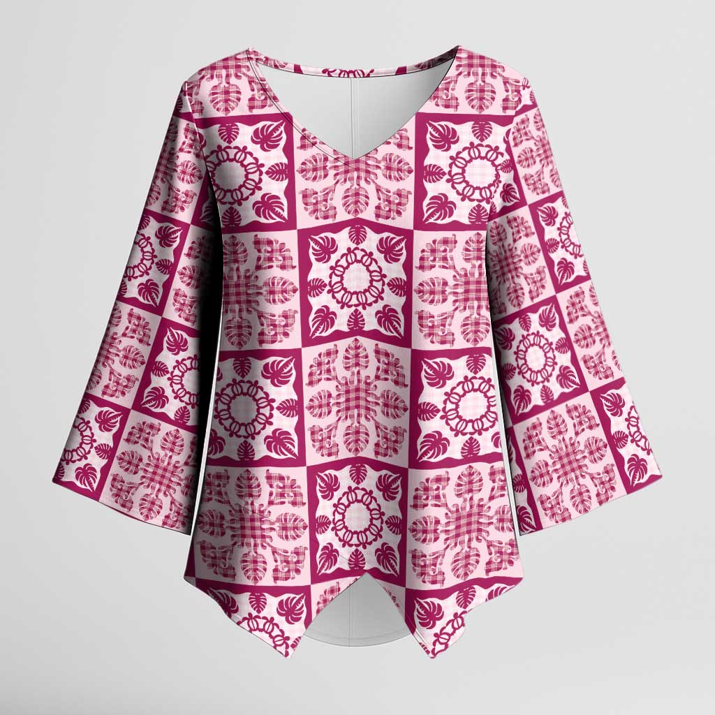 Akala Palaka Quilt Hawaii Kimono Sleeve Blouse Hawaiian Tropical Monstera Sea Turtle LT14 Female Pink - Polynesian Pride