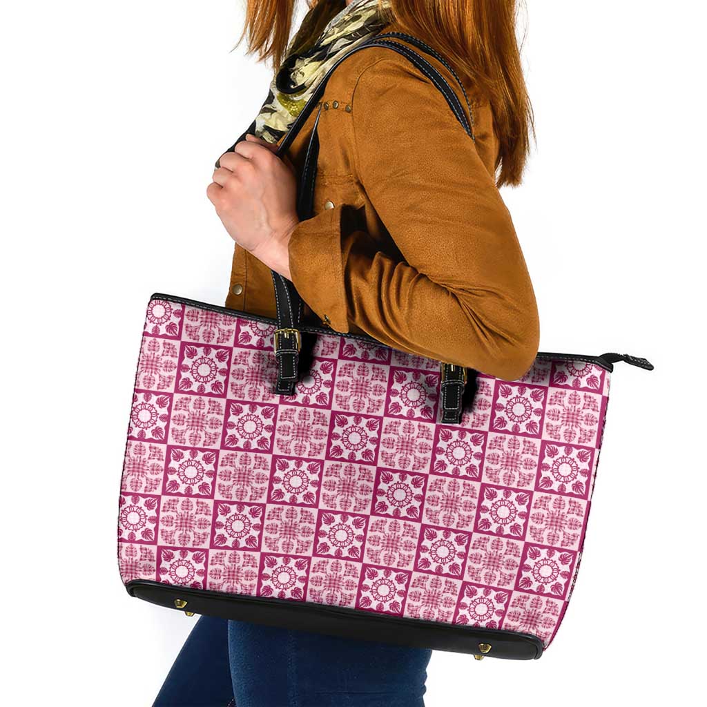 Akala Palaka Quilt Hawaii Leather Tote Bag Hawaiian Tropical Monstera Sea Turtle
