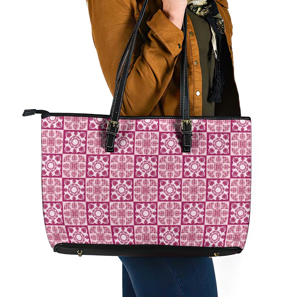 Akala Palaka Quilt Hawaii Leather Tote Bag Hawaiian Tropical Monstera Sea Turtle