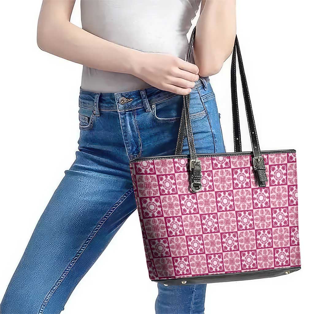 Akala Palaka Quilt Hawaii Leather Tote Bag Hawaiian Tropical Monstera Sea Turtle