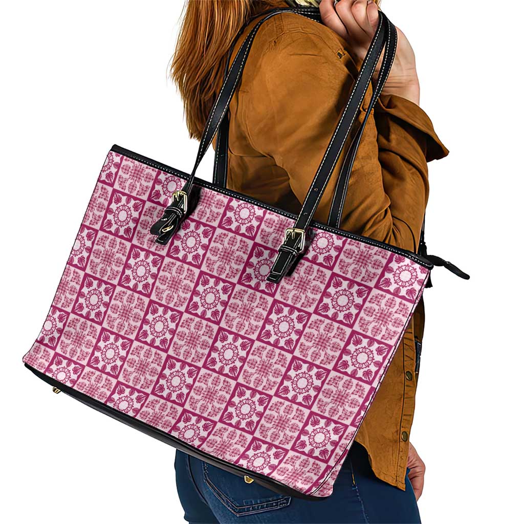 Akala Palaka Quilt Hawaii Leather Tote Bag Hawaiian Tropical Monstera Sea Turtle